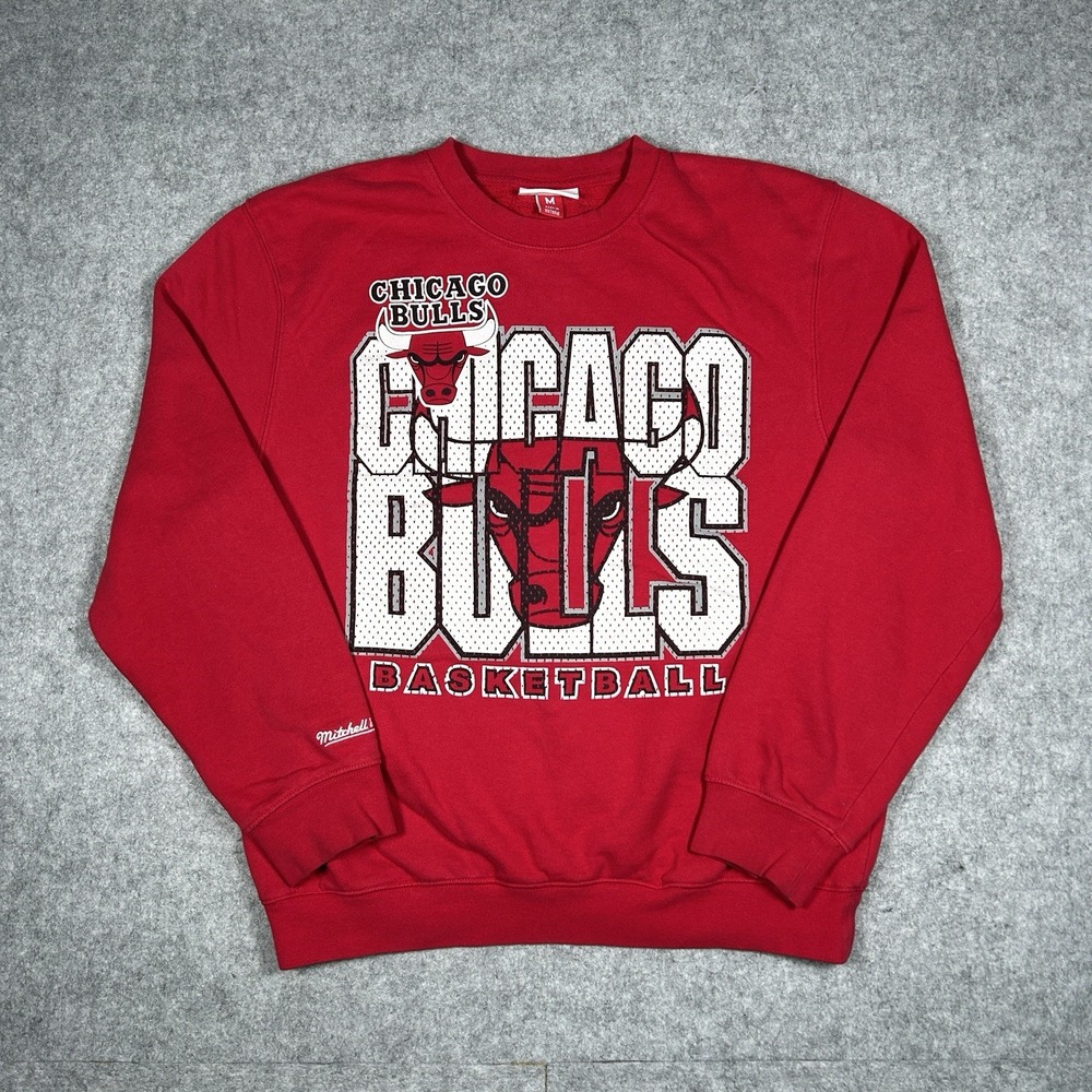 Chicago Bulls Crewneck Sweater Men's Size Medium Red Mitchell‎ Ness Big Graphic